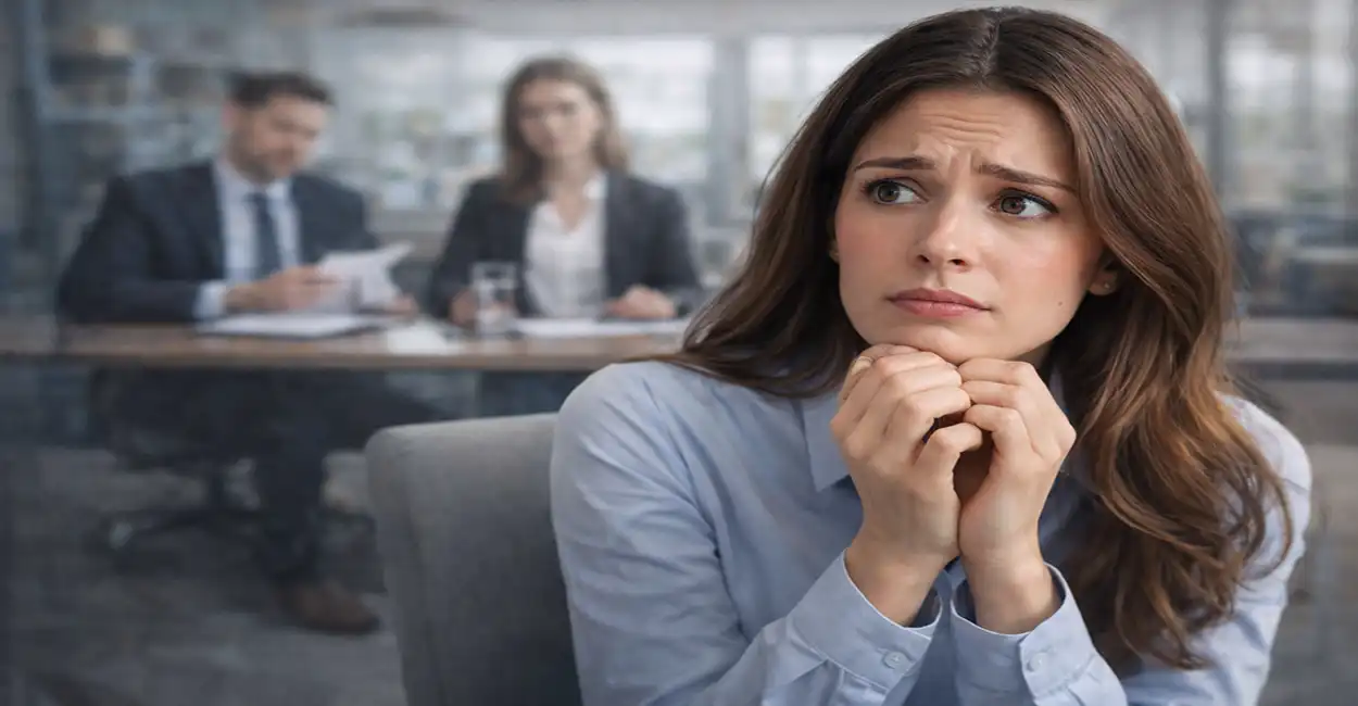 Jovem nervoso preparando-se para primeira entrevista de emprego - superando medo e ansiedade