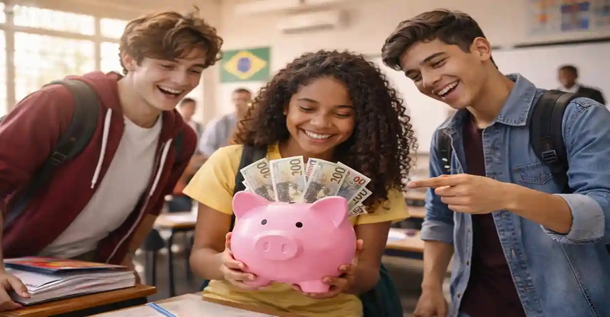 Jovens estudantes comemorando aprovação e permanência na escola