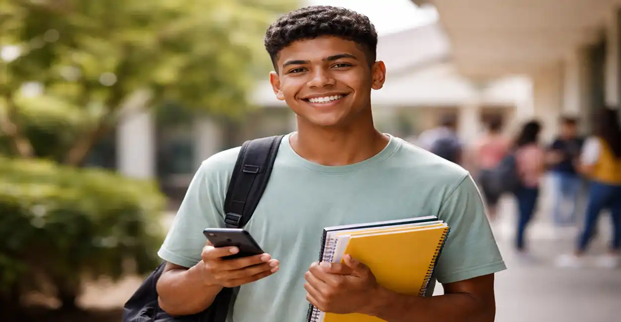 Estudante segurando caderneta de poupança, representando o programa Pé-de-Meia