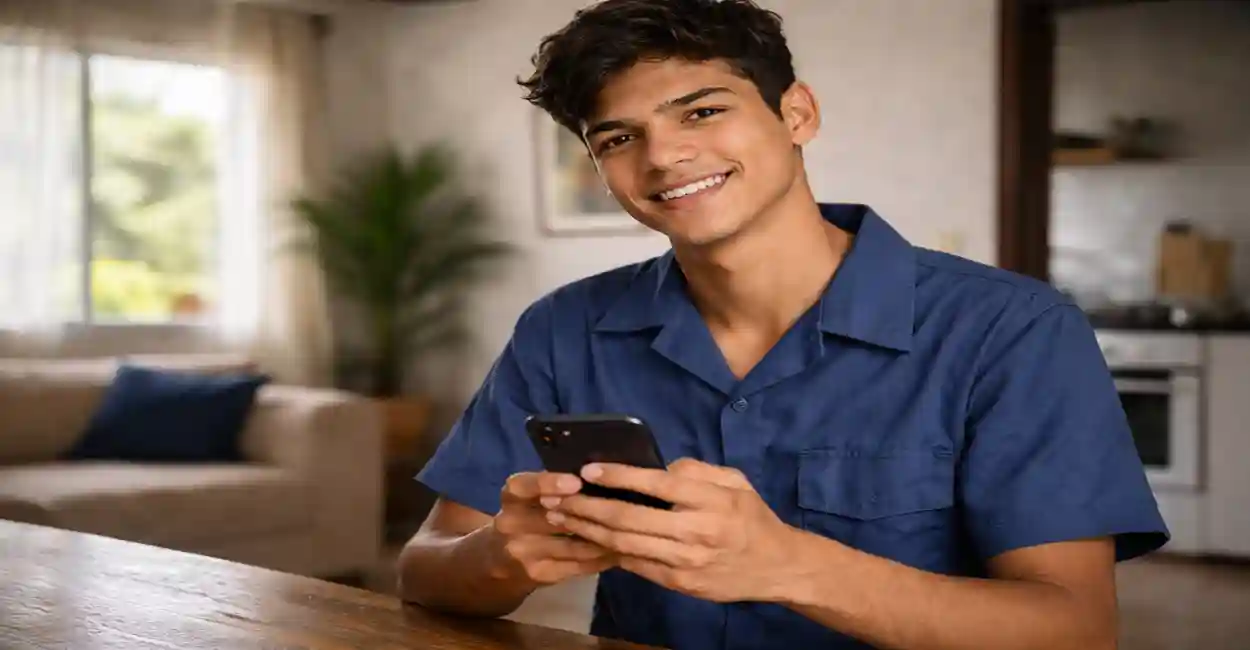 Jovem aprendiz sorrindo ao lado do símbolo do Bolsa Família