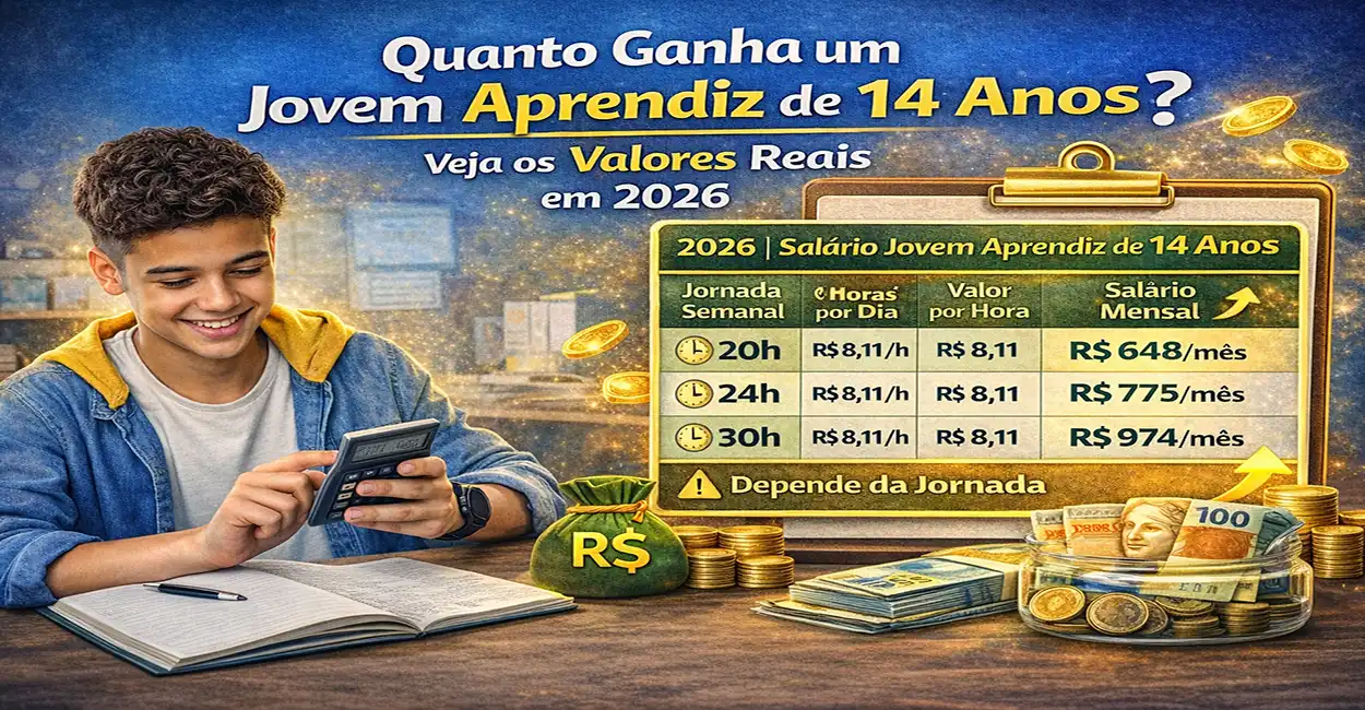 Jovem de 14 anos calculando salário de aprendiz em 2026