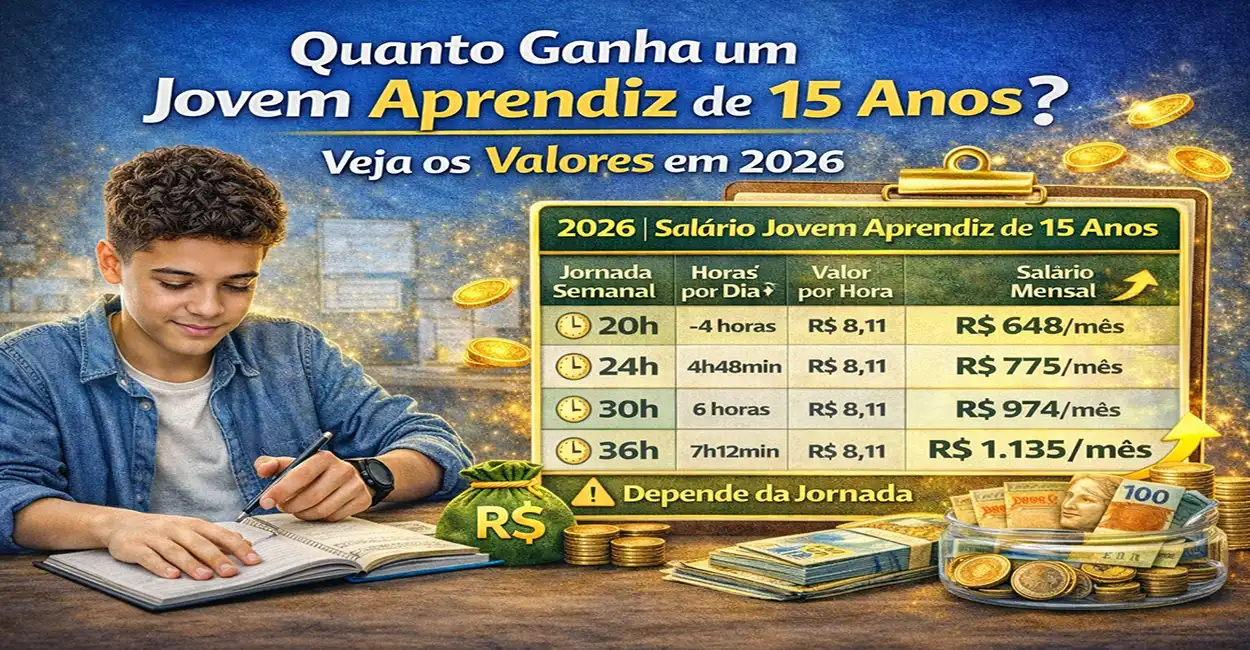 Jovem de 15 anos analisando salário de Jovem Aprendiz em 2026
