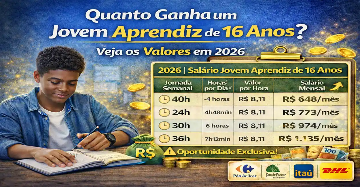 Jovem de 16 anos analisando salário de Jovem Aprendiz em 2026
