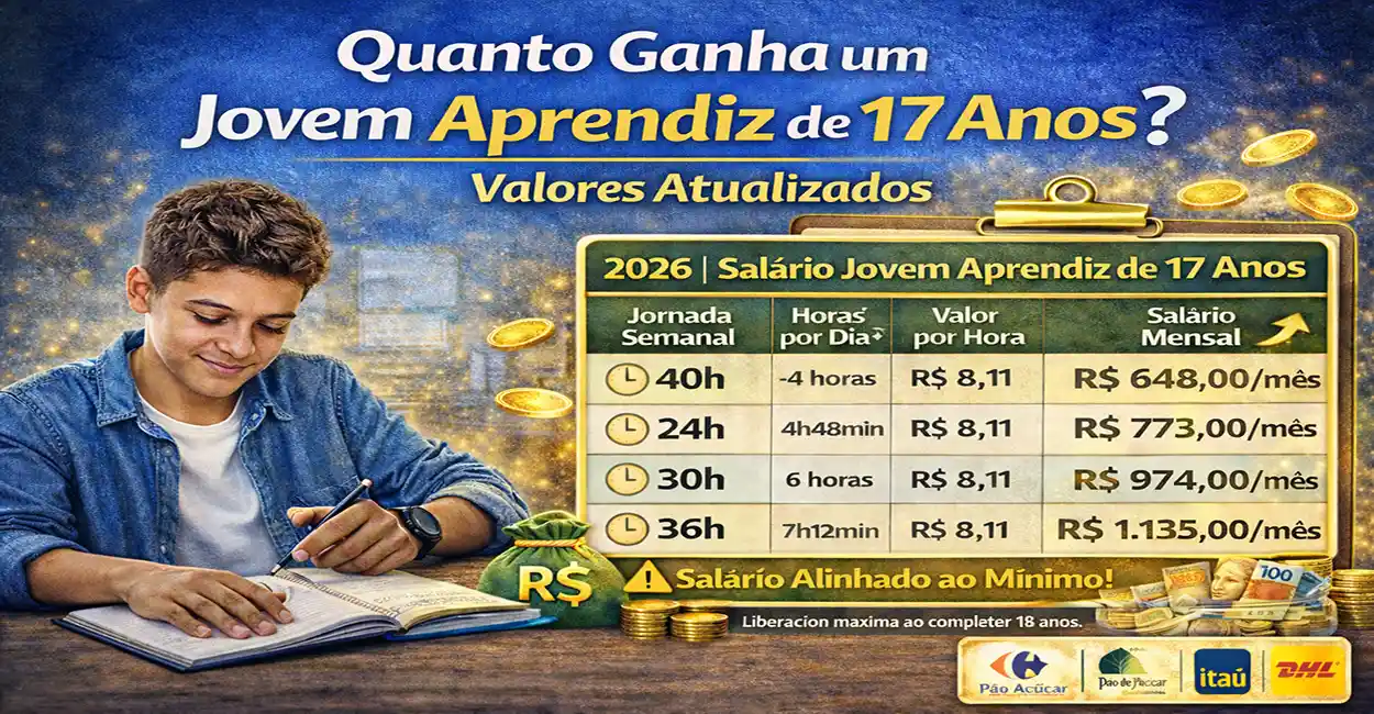Jovem de 17 anos analisando salário de Jovem Aprendiz em 2026