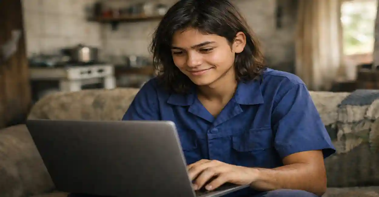 Jovem aprendiz sorrindo com carteira de trabalho e símbolo do Bolsa Família