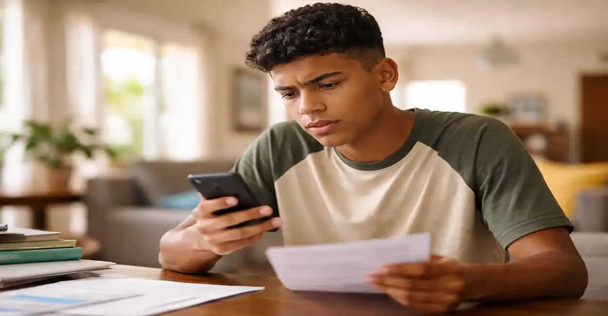 Estudante jovem com mochila e caderno, representando quem tem direito ao Pé-de-Meia