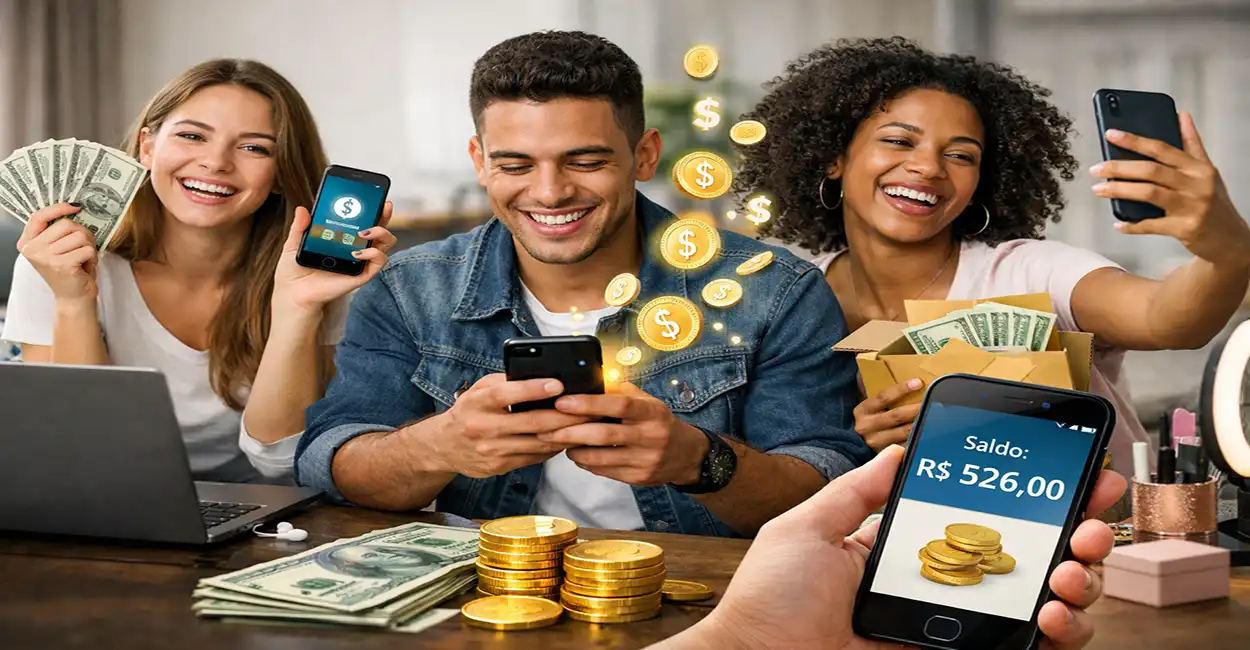 Pessoa usando o celular para ganhar dinheiro em casa