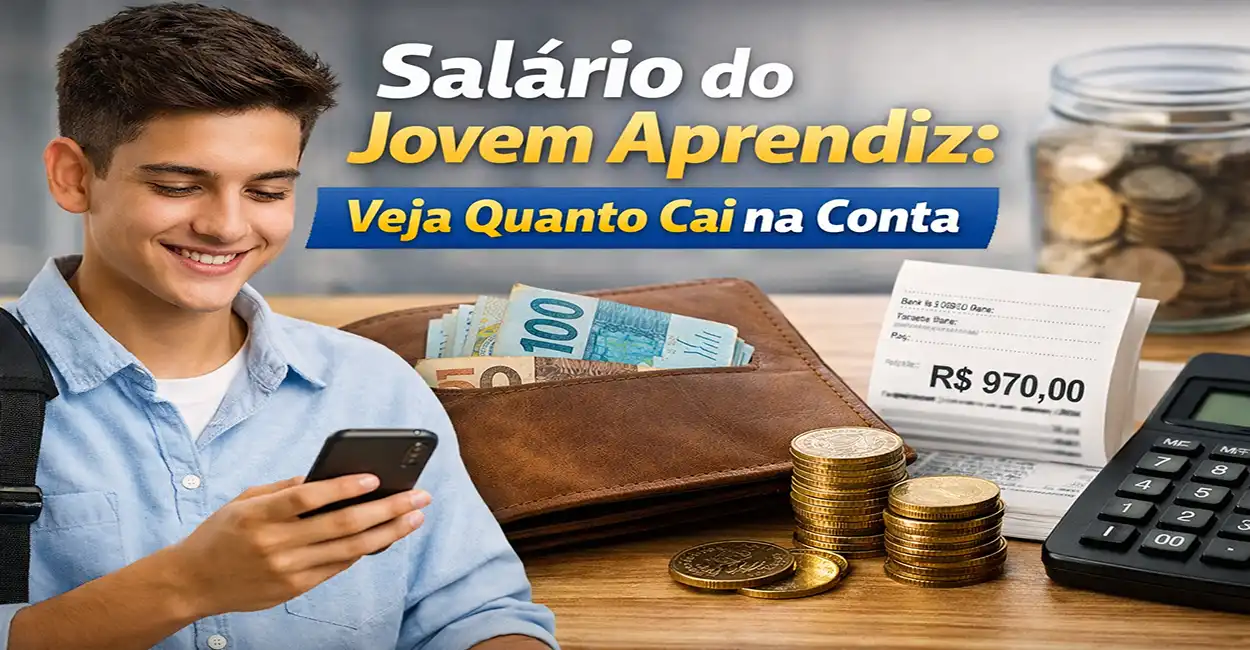 Jovem aprendiz verificando extrato bancário para ver quanto caiu na conta do salário em 2026