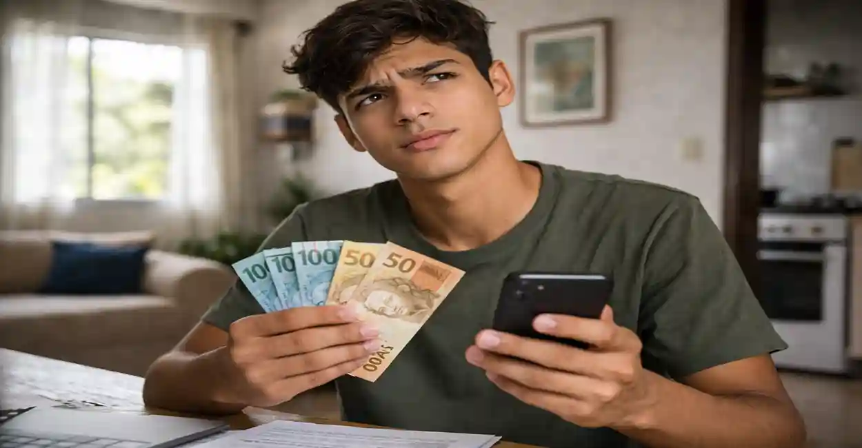 Jovem aprendiz com holerite na mão e calculadora ao lado
