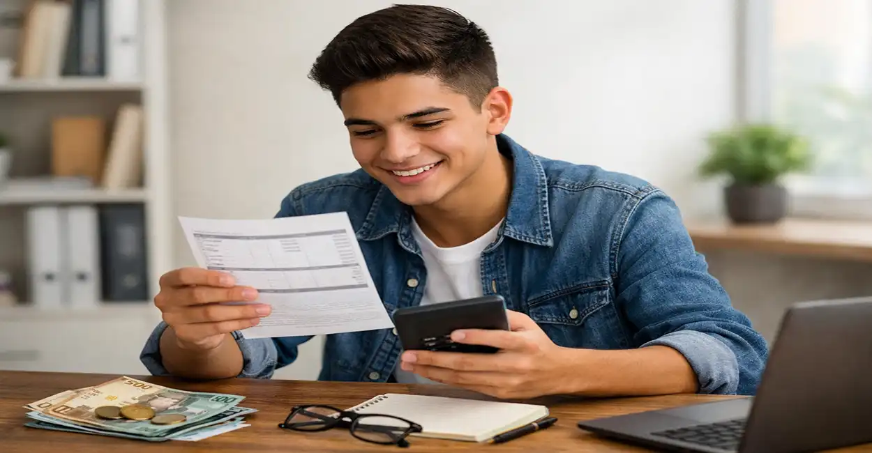 Jovem aprendiz conferindo salário e benefícios no contracheque