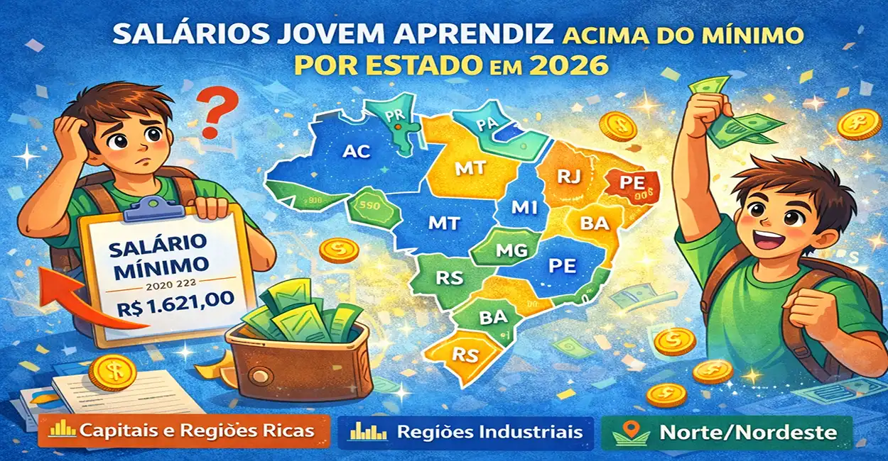 Mapa do Brasil mostrando salários do Jovem Aprendiz acima do mínimo por estado em 2026
