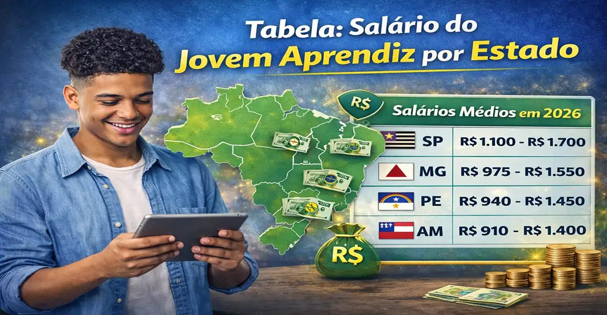 Mapa do Brasil mostrando salários do Jovem Aprendiz por estado em 2026 com tabela comparativa