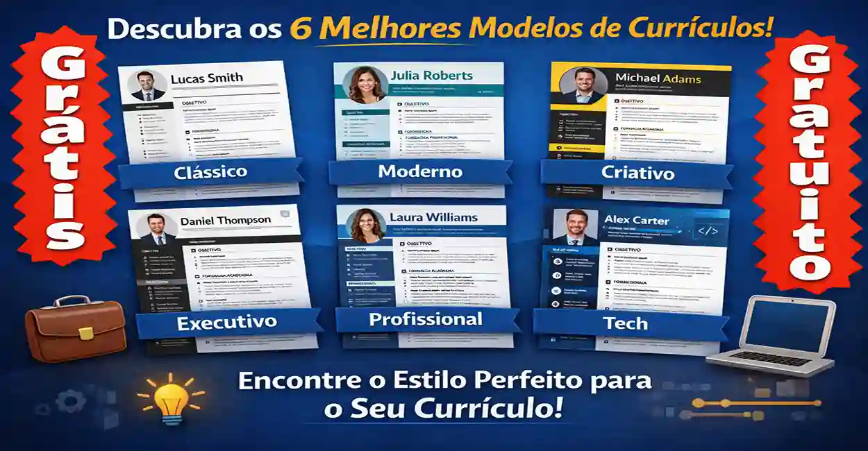 Seis modelos de currículo profissional em uma tela de notebook