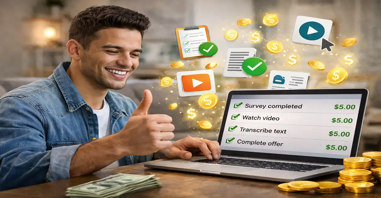 Pessoa realizando tarefas online no computador e celular para ganhar dinheiro