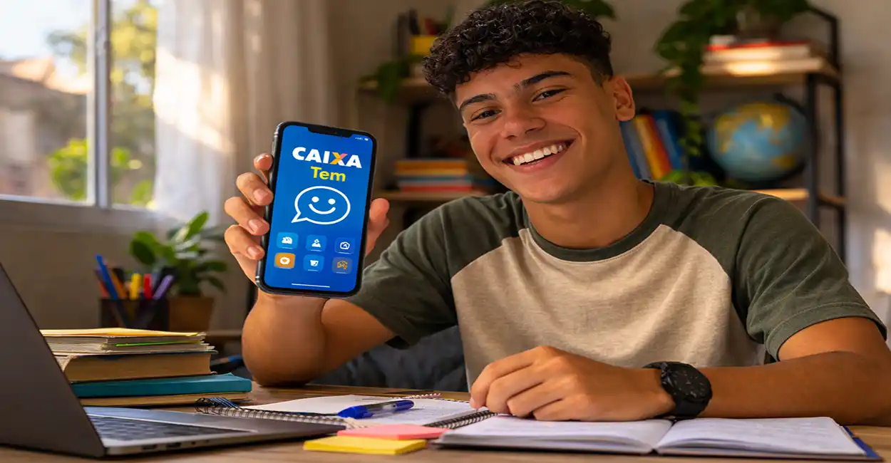 Estudante com mochila e caderneta de poupança representando os valores do Pé-de-Meia