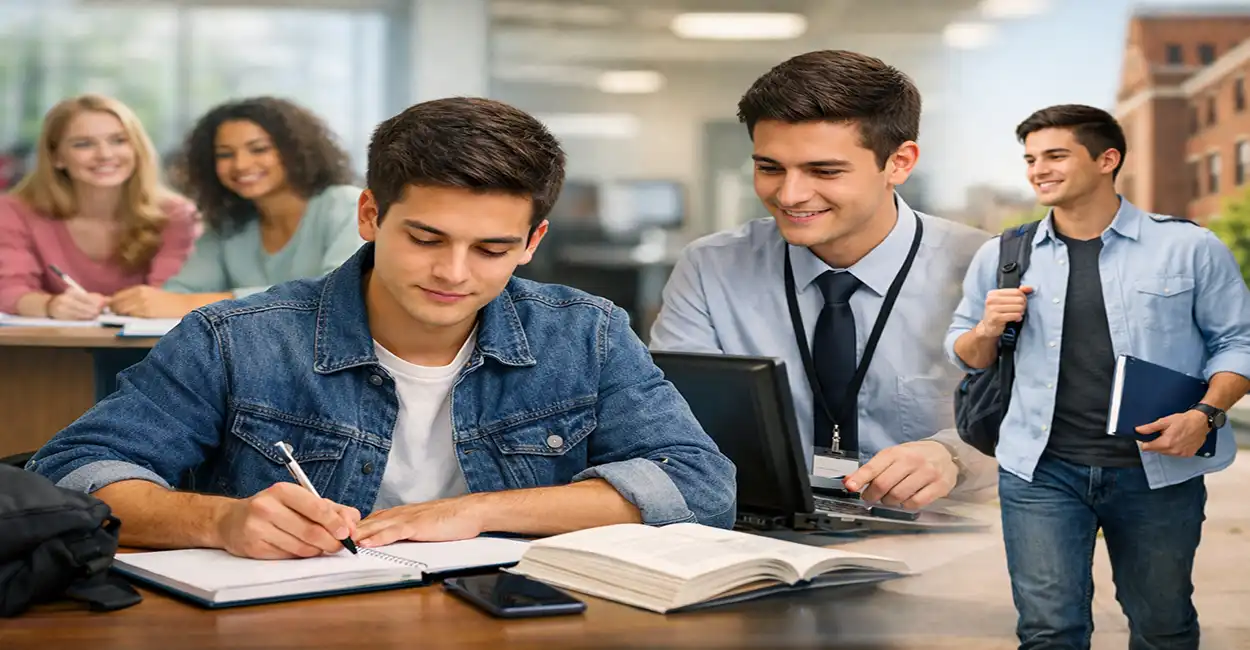 Jovem aprendiz universitário estudando e trabalhando