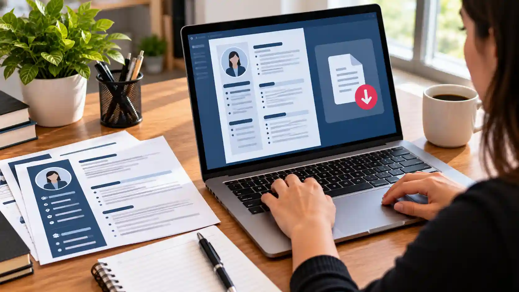 Modelo de currículo em PDF aberto em um laptop ao lado de uma folha impressa.