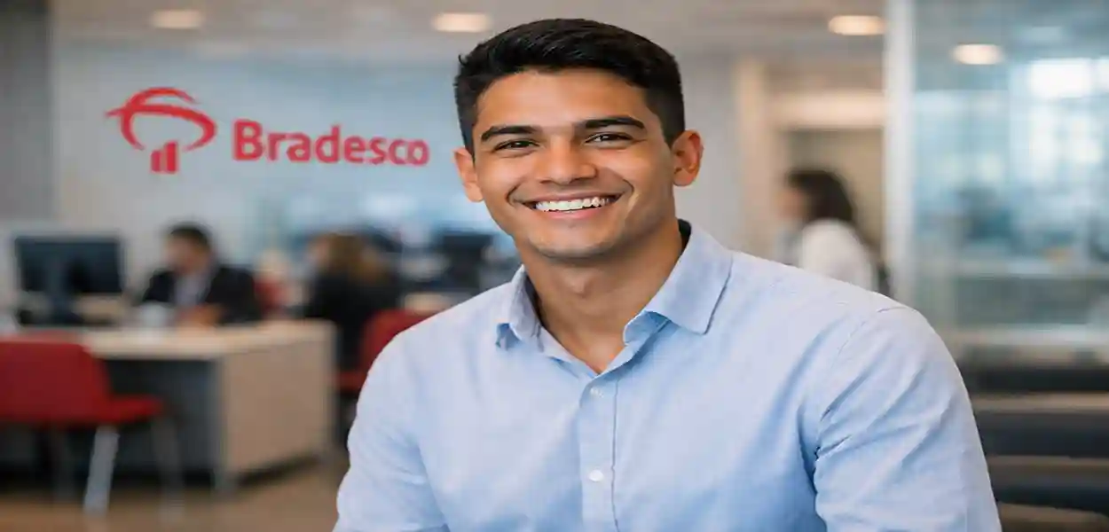 Jovem sorrindo em agência Bradesco - primeiro emprego 2026
