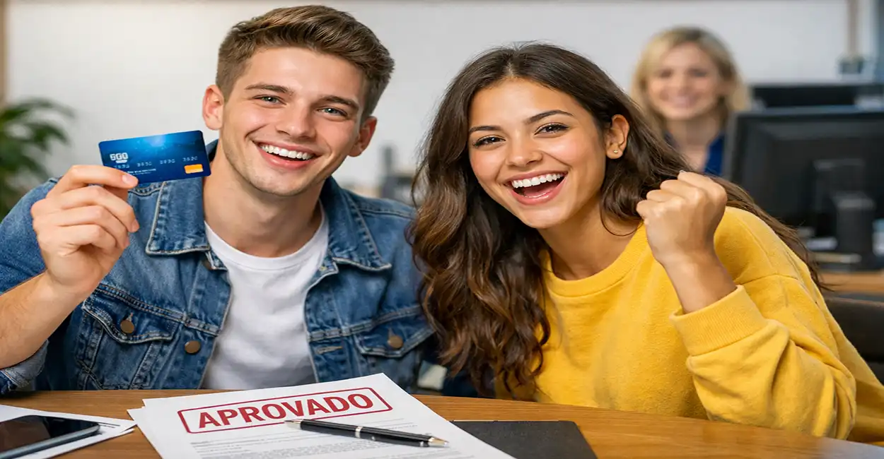 Jovem feliz segurando seu primeiro cartão de crédito - aprovação garantida