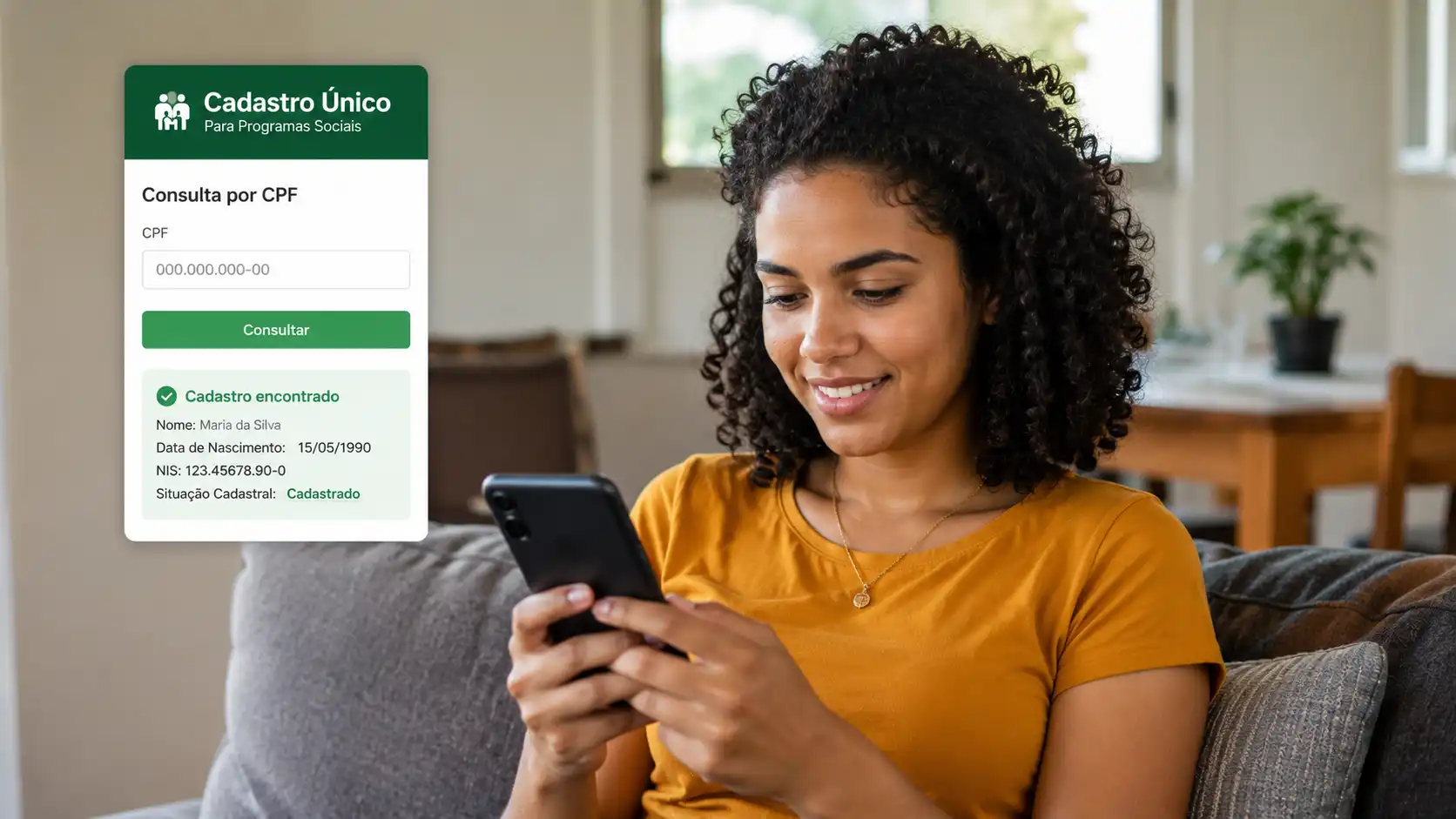 Pessoa consultando Cadastro Único pelo CPF em aplicativo oficial no smartphone