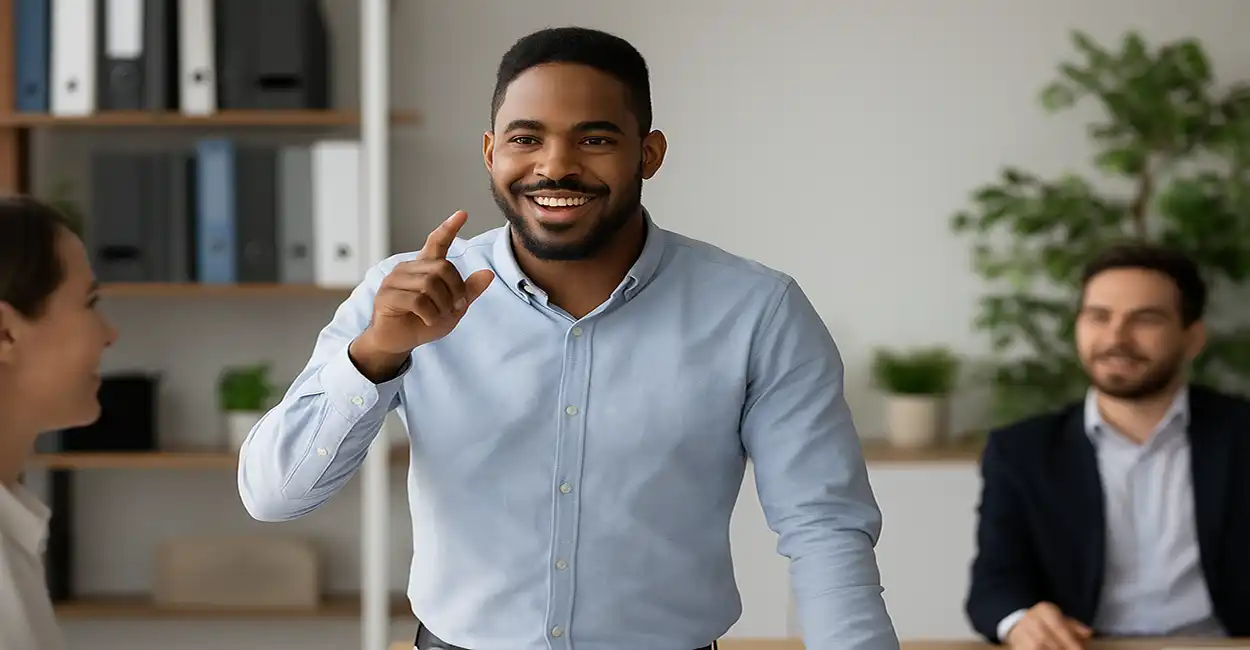 Profissional confiante liderando uma conversa em equipe no escritório
