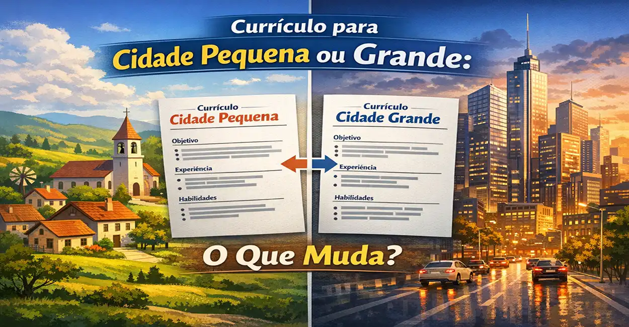 Ilustração comparativa: currículo para cidade pequena (versátil) vs cidade grande (especializado)