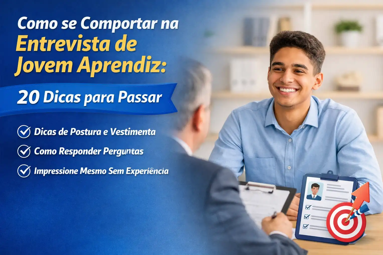 Jovem sorrindo durante entrevista de emprego com recrutador
