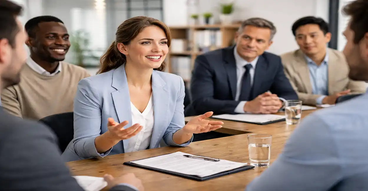 Grupo de candidatos em dinâmica de entrevista coletiva