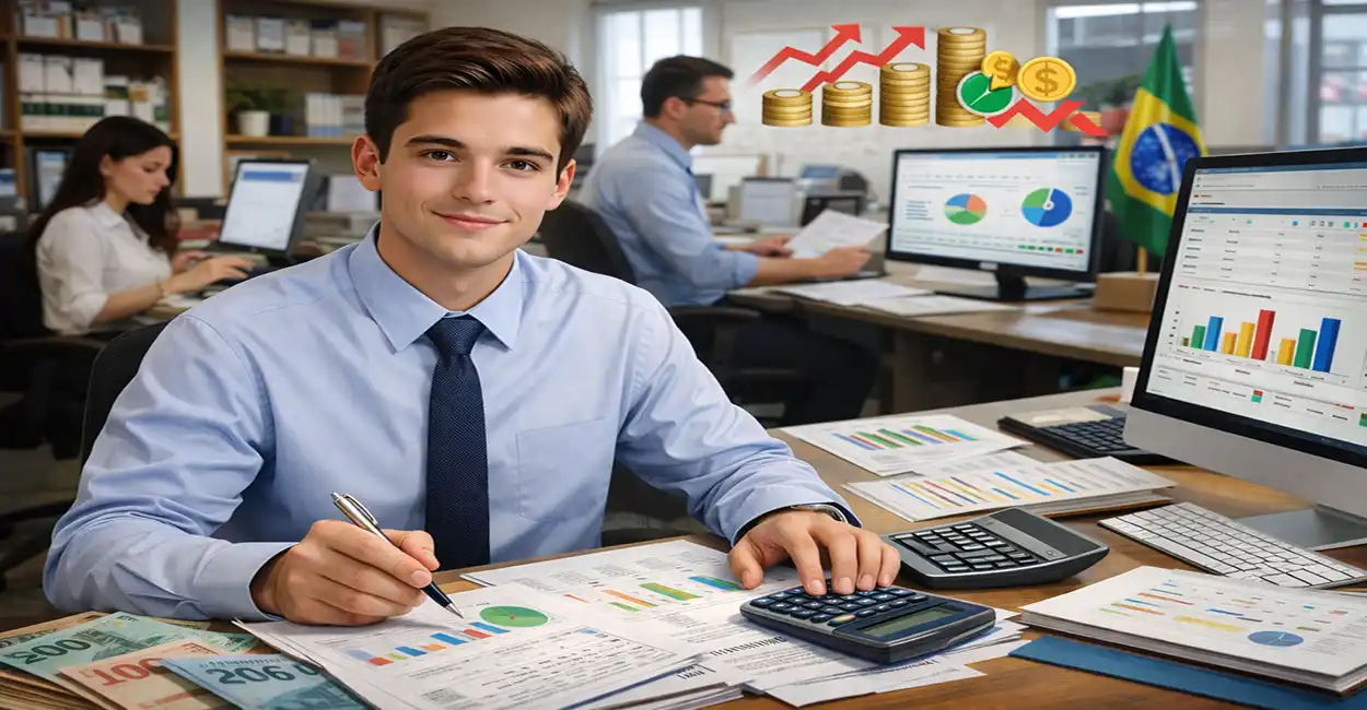 Estagiário de contabilidade analisando documentos fiscais em escritório moderno