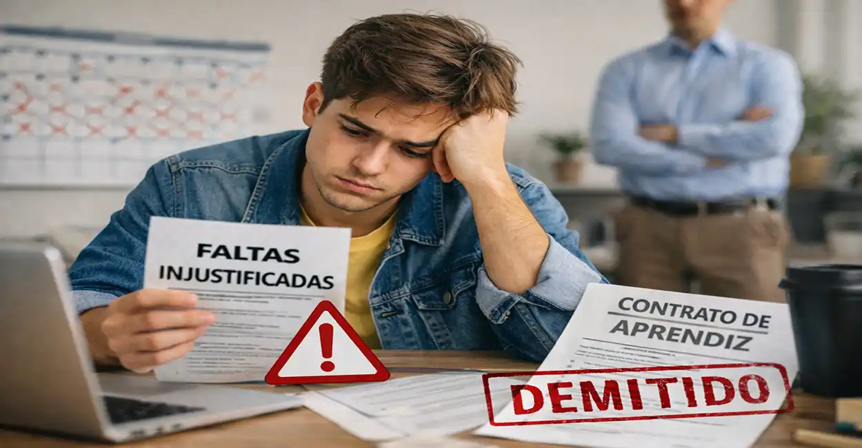Jovem aprendiz preocupado com faltas no trabalho e risco de demissão