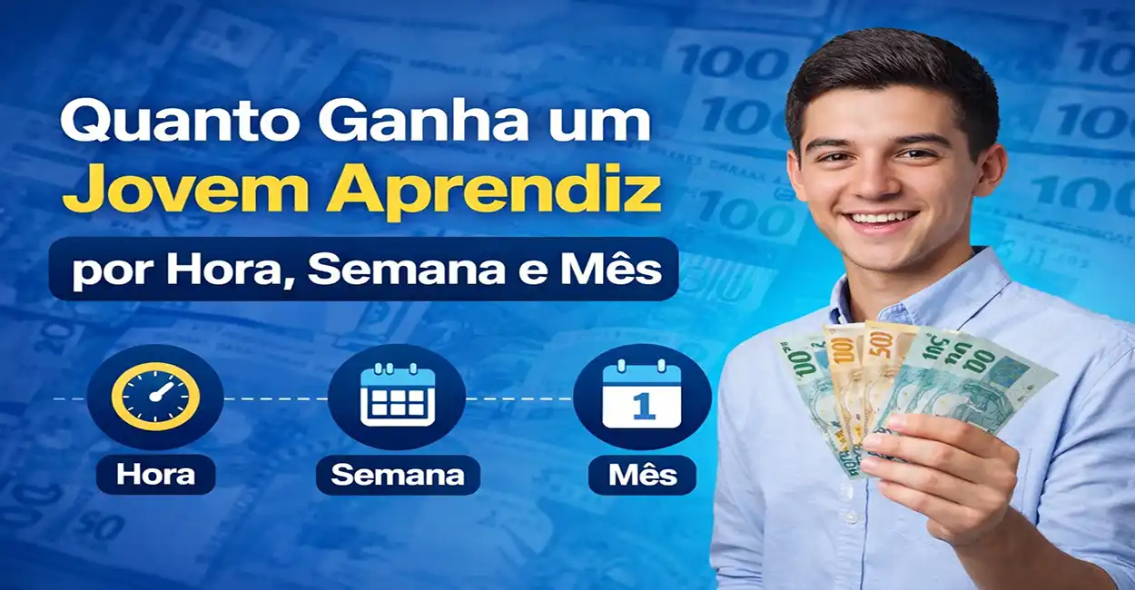 Jovem aprendiz calculando quanto ganha por hora, semana e mês em 2026