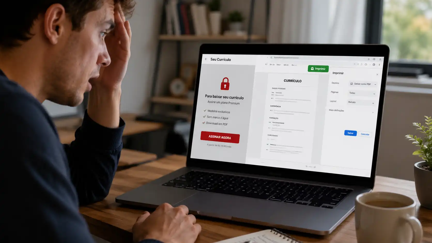 Pessoa verificando se um gerador de currículos gratuito permite imprimir e salvar em PDF sem cobrança
