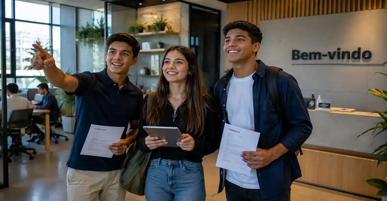 Jovem aprendiz em escritório com caderno e computador - primeiras oportunidades
