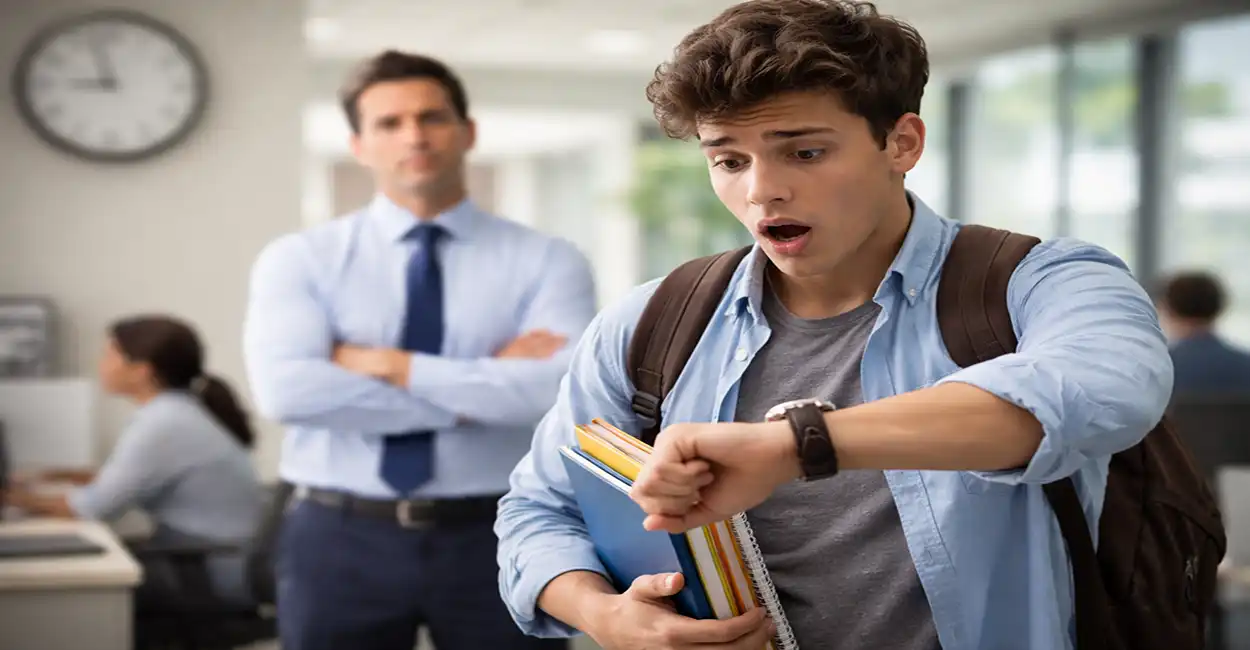 Jovem aprendiz olhando o relógio preocupado com possível atraso no trabalho