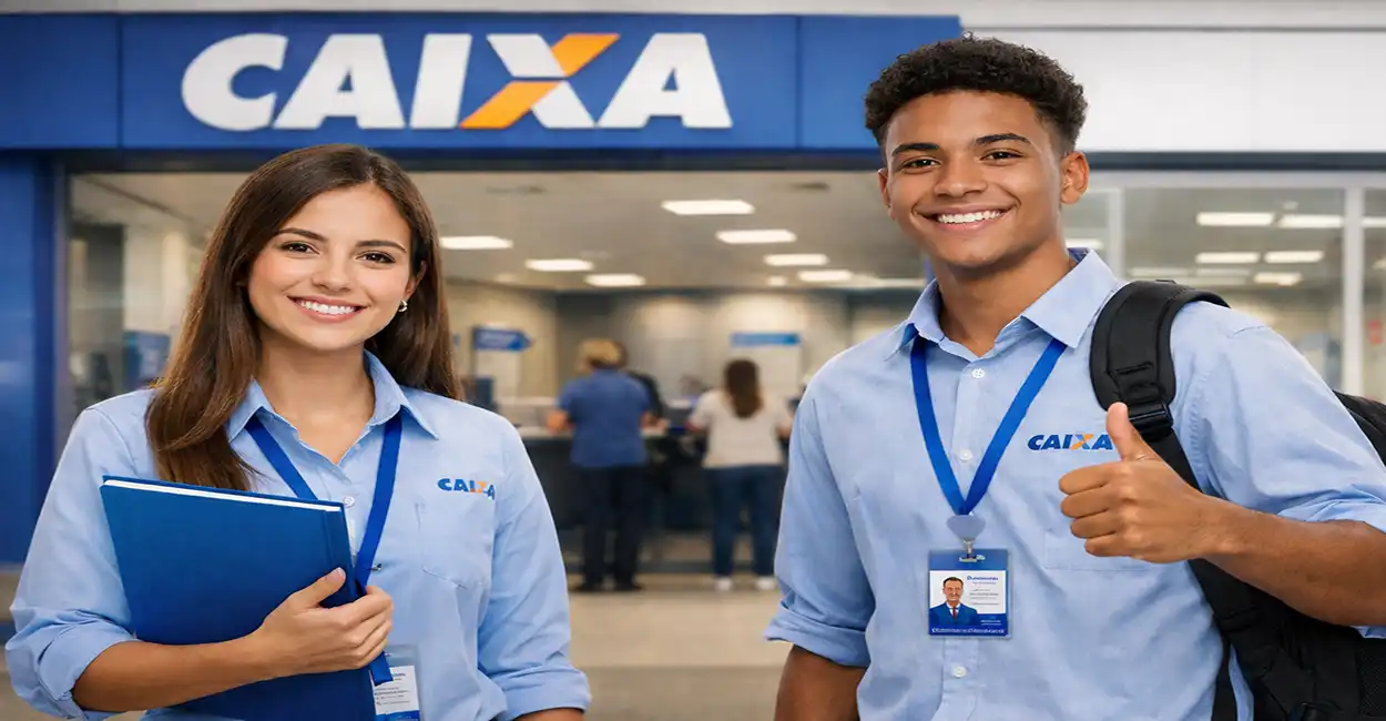 Jovem aprendiz trabalhando na Caixa Econômica Federal em ambiente bancário
