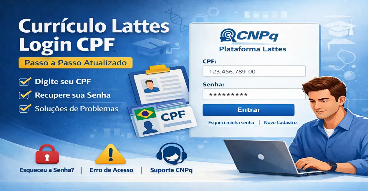 Tela de login do Currículo Lattes mostrando campo para inserir CPF e senha