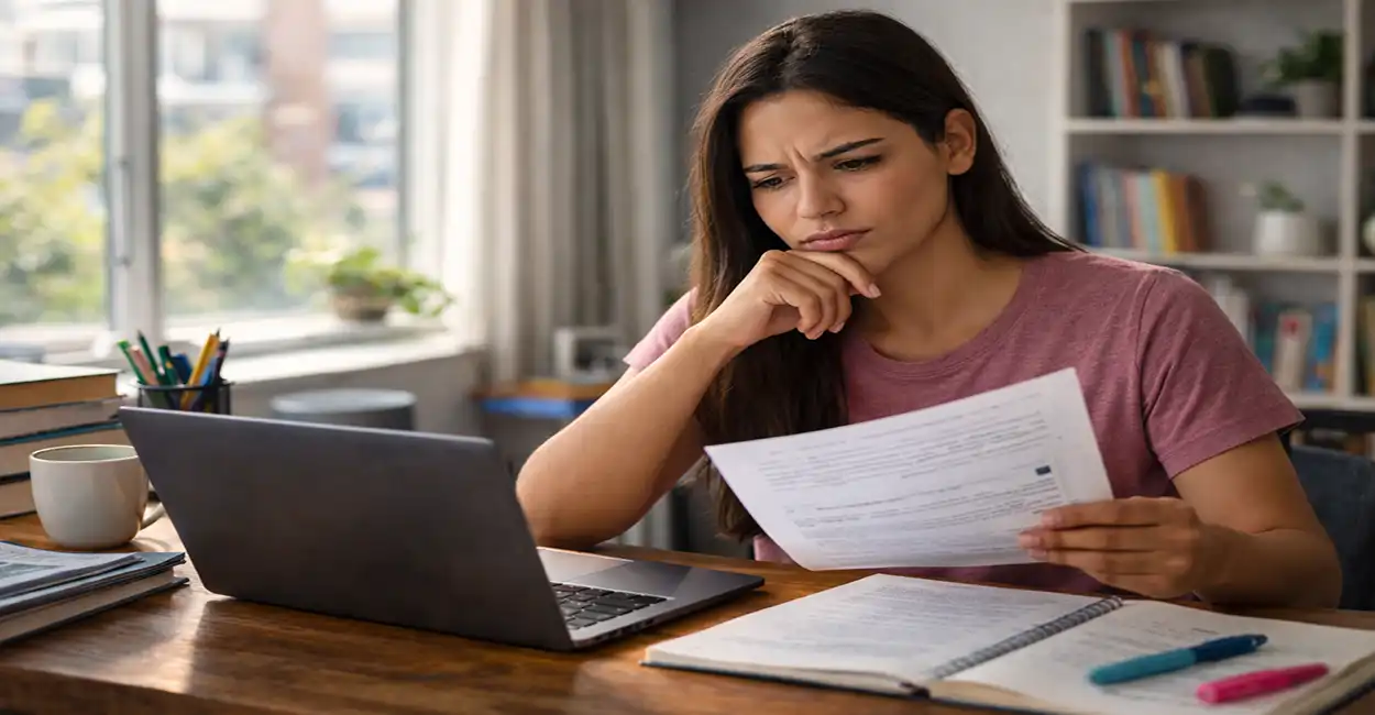 Estudante comparando documentos Prouni e FIES com notebook
