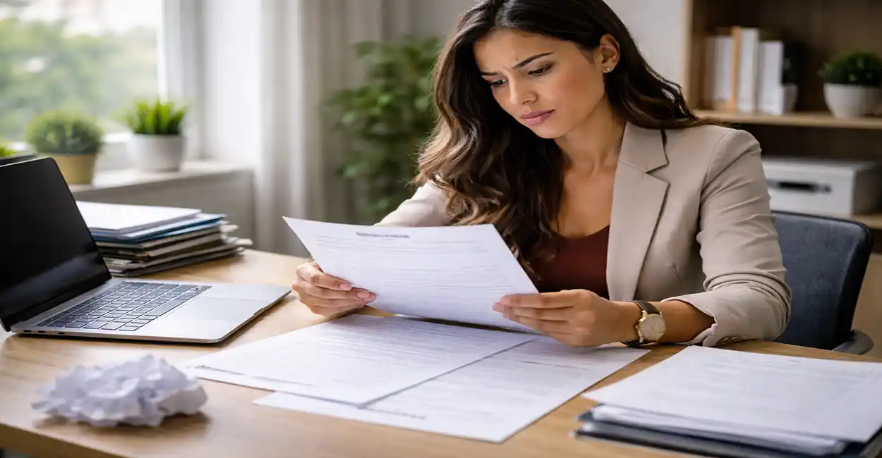 Recrutador segurando currículo com expressão de insatisfação e itens marcados em vermelho