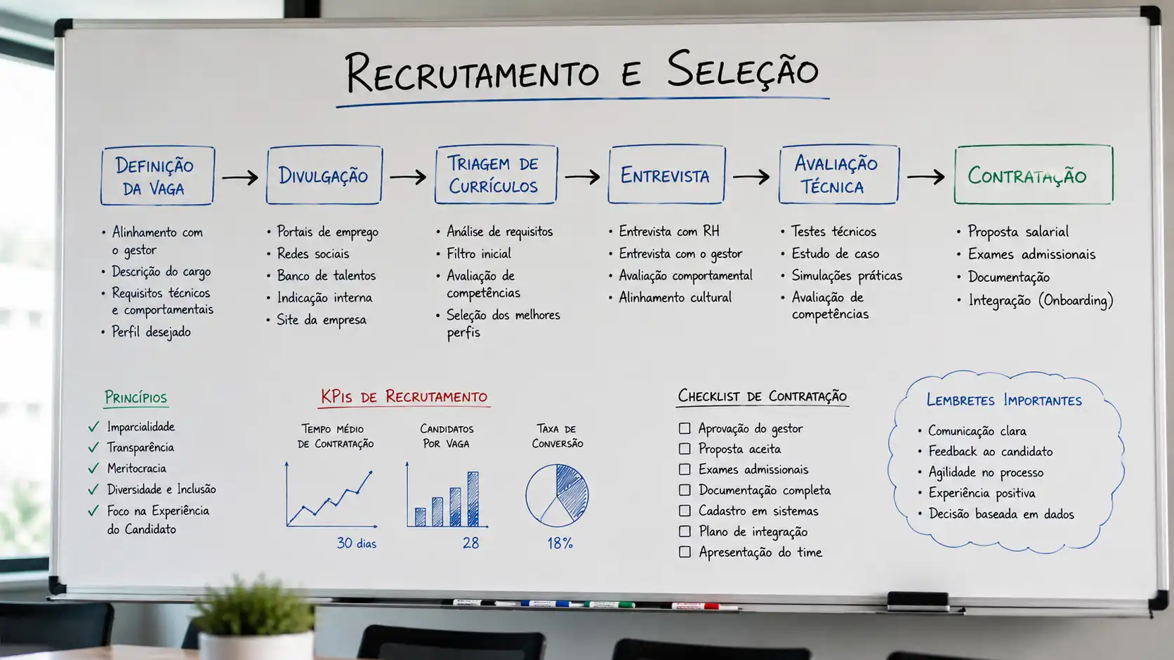 Fluxograma de recrutamento e seleção em lousa corporativa mostrando como contratar os melhores profissionais para uma empresa.