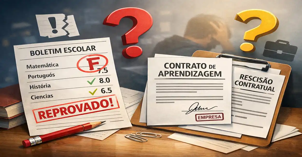 Jovem aprendiz preocupado com reprovação escolar e contrato de trabalho