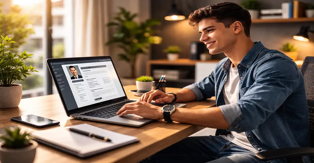 Recrutador analisando currículo rapidamente em frente ao computador